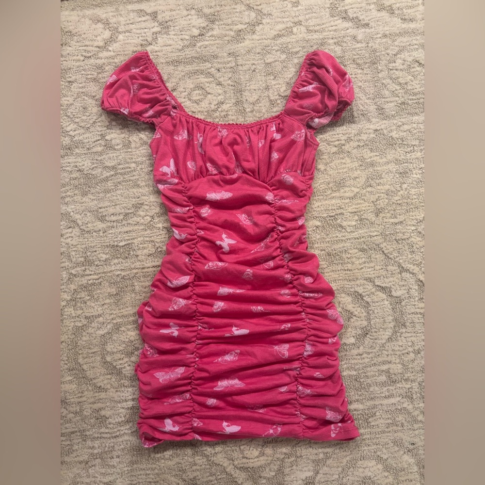 Urban Outfitters Ruched Butterfly Mini Dress in Pink